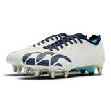 Canterbury Stampede Groundbreak Elite SG Rugby Boots in white and Baltic Green, featuring metal studs and teal accents on the sole.