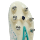 Close-up of the white sole of Canterbury Stampede Groundbreak Elite SG Rugby Boots, featuring eight metal studs and a blue support structure.