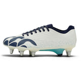 Canterbury Stampede Groundbreak Elite SG Rugby Boots in white and baltic green, featuring dark laces and metal studs on the sole.