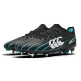 Introducing the Canterbury Speed Falcon 2.0 Team SG rugby boots in Jet Black and Baltic Green. These lightweight football boots from Canterbury feature striking white and silver accents, a bold white logo on the side, and durable metal studs—making them ideal for players who demand top performance on soft-ground pitches.