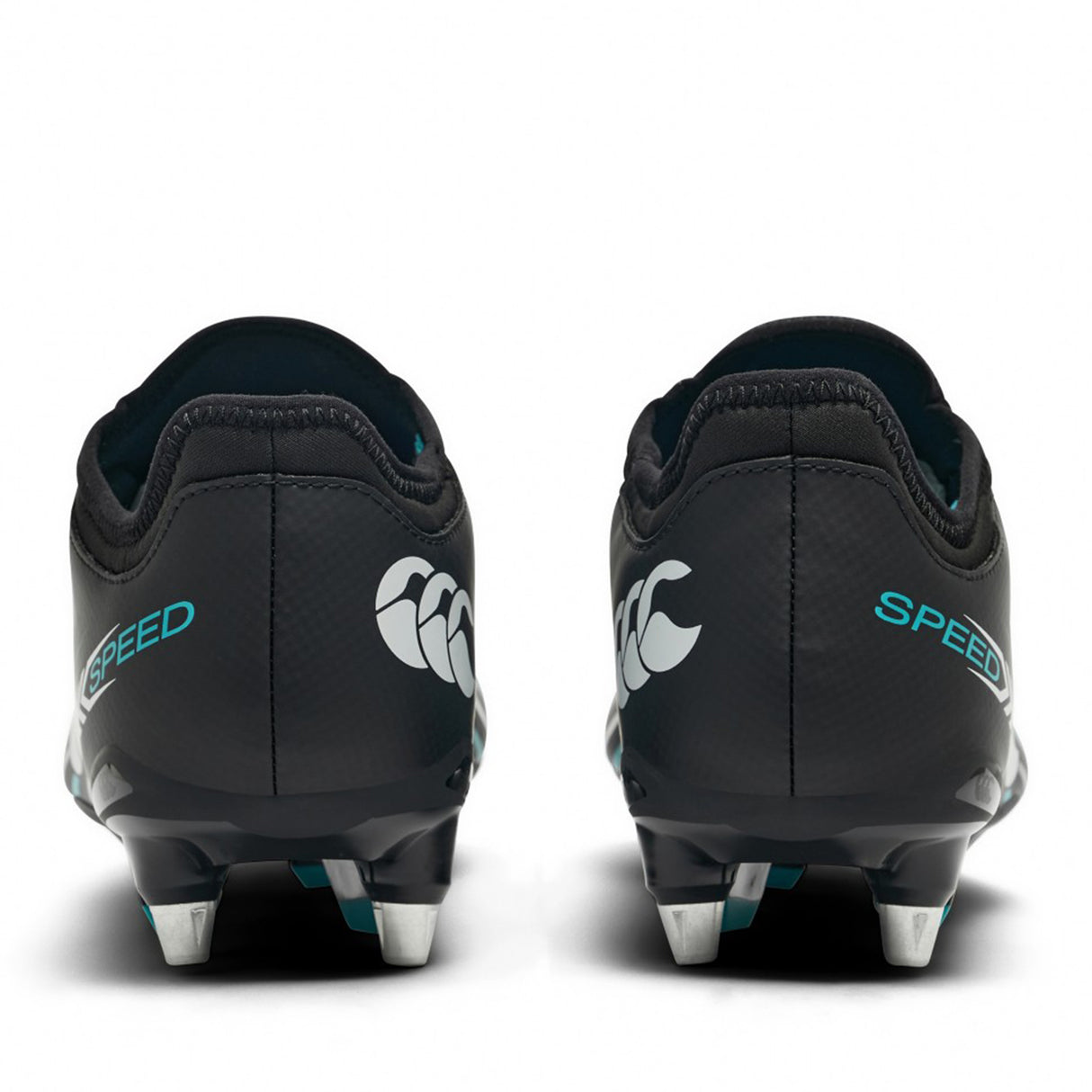 Back view of a pair of Canterbury Speed Falcon 2.0 Team SG football boots in jet black and baltic green, featuring metal studs, "SPEED" text on the heels, and white Canterbury logos on each side.