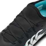Close-up of the Canterbury Speed Falcon 2.0 Team SG in Jet Black/Baltic Green, featuring a black exterior with a teal (Baltic Green) interior, black laces, and a distinctive white graphic on the side. Ideal for players needing affordable football boots, this lightweight option from Canterbury combines comfort and style for every match.