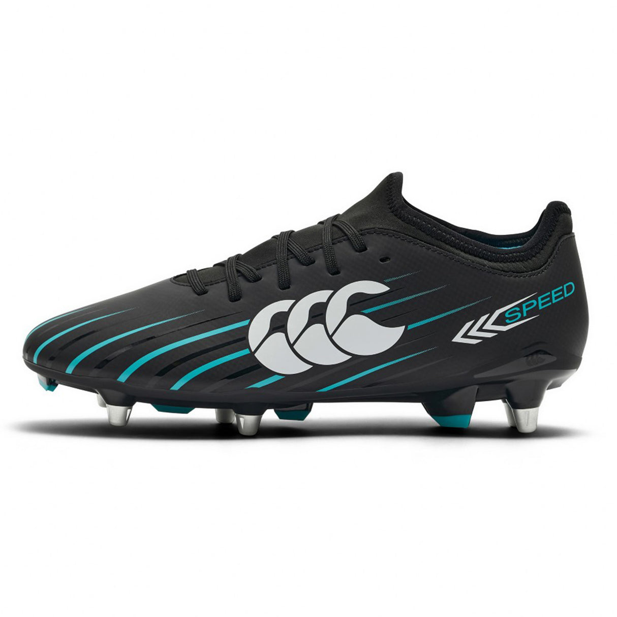The Canterbury Speed Falcon 2.0 Team SG rugby boots by Canterbury feature a jet black upper with Baltic green and white accents, durable metal studs for soft-ground grip, and "SPEED" branding on the side—offering lightweight construction for agile play on soft surfaces.