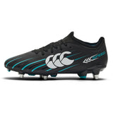 The Canterbury Speed Falcon 2.0 Team SG rugby boots by Canterbury feature a jet black upper with Baltic green and white accents, durable metal studs for soft-ground grip, and "SPEED" branding on the side—offering lightweight construction for agile play on soft surfaces.