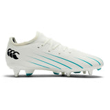 The Canterbury Speed Falcon 2.0 Team SG in White / Baltic Green is a lightweight rugby boot with teal and black accents, molded studs, and a prominent black Canterbury logo on the side, shown here in profile—perfect for players who prioritize agility on the field.