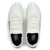 A pair of Canterbury Speed Falcon 2.0 Team SG football boots in white and Baltic Green, featuring black Canterbury logos, viewed from above against a white background.