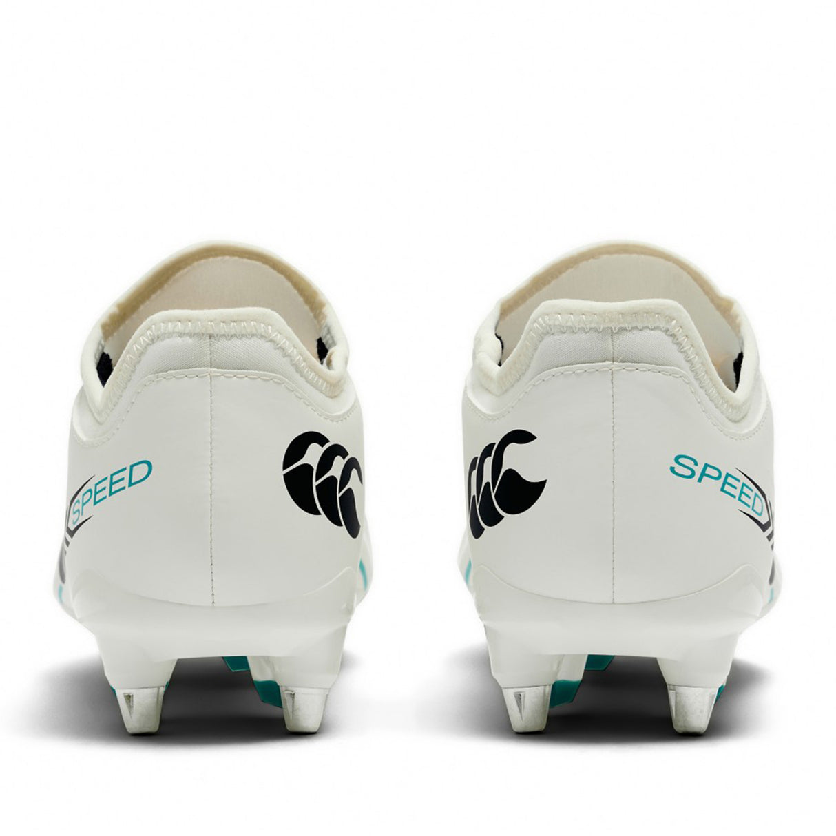 Rear view of a pair of Canterbury Speed Falcon 2.0 Team SG football boots in white and Baltic Green, featuring black and teal Canterbury logos, the word "SPEED" on each heel, and metal studs on the soles.
