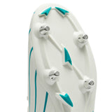 Close-up of the sole of a Canterbury Speed Falcon 2.0 Team SG football boot in white and Baltic Green, showcasing lightweight design with metal and plastic studs arranged for traction—ideal for players seeking soft-ground boots from Canterbury.