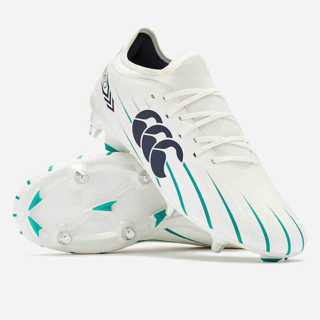 A pair of Canterbury Speed Falcon 2.0 Team SG football boots in white with Baltic Green accents, featuring metal studs and a black Canterbury logo on the side, displayed on a white background.
