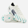 A pair of Canterbury Speed Falcon 2.0 Team SG football boots in white with Baltic Green accents, featuring metal studs and a black Canterbury logo on the side, displayed on a white background.