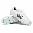 Canterbury Speed Falcon 2.0 Team FG rugby boots in white with Baltic green studs and accents, showcasing a prominent black Canterbury logo on the side. One boot is displayed upright, while the other reveals the sole—perfect firm ground boots for high-speed rugby play.