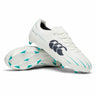 Canterbury Speed Falcon 2.0 Team FG rugby boots in white with Baltic green studs and accents, showcasing a prominent black Canterbury logo on the side. One boot is displayed upright, while the other reveals the sole—perfect firm ground boots for high-speed rugby play.