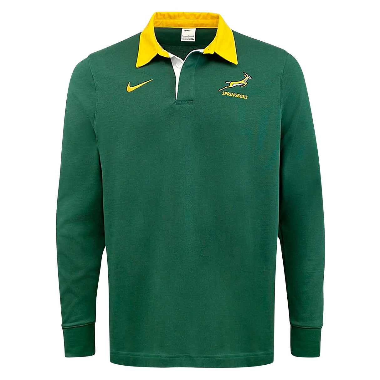 The Springboks Rugby Unity Classic Rugby Jersey by Nike boasts a green body complemented by a yellow collar and embroidered chest logos, making it ideal for displaying your rugby passion.