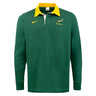 The Springboks Rugby Unity Classic Rugby Jersey by Nike boasts a green body complemented by a yellow collar and embroidered chest logos, making it ideal for displaying your rugby passion.