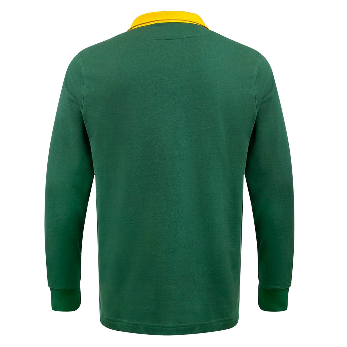 The Springboks Rugby Unity Classic Rugby Jersey by Nike showcases a vibrant green design with a striking yellow collar, beautifully captured from the back.