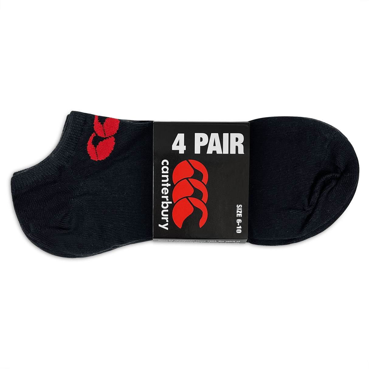 A pair of black Canterbury Cotton No-Show socks, with a red logo on them.