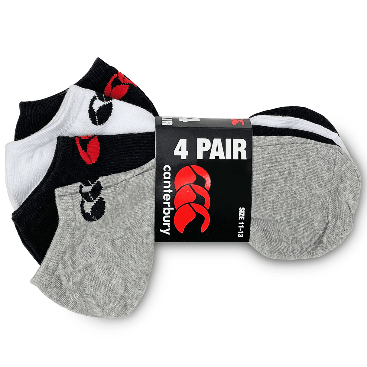 Four pairs of Canterbury black, grey and red cotton socks.