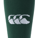 Close-up of the green fabric from a Canterbury Playing Sock, featuring the brand's white CCC logo made up of three interlocking Cs.