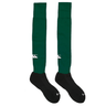 A pair of Canterbury Playing Socks from Canterbury, featuring a cushioned foot bed, black feet, and a white logo near the top in knee-high green.
