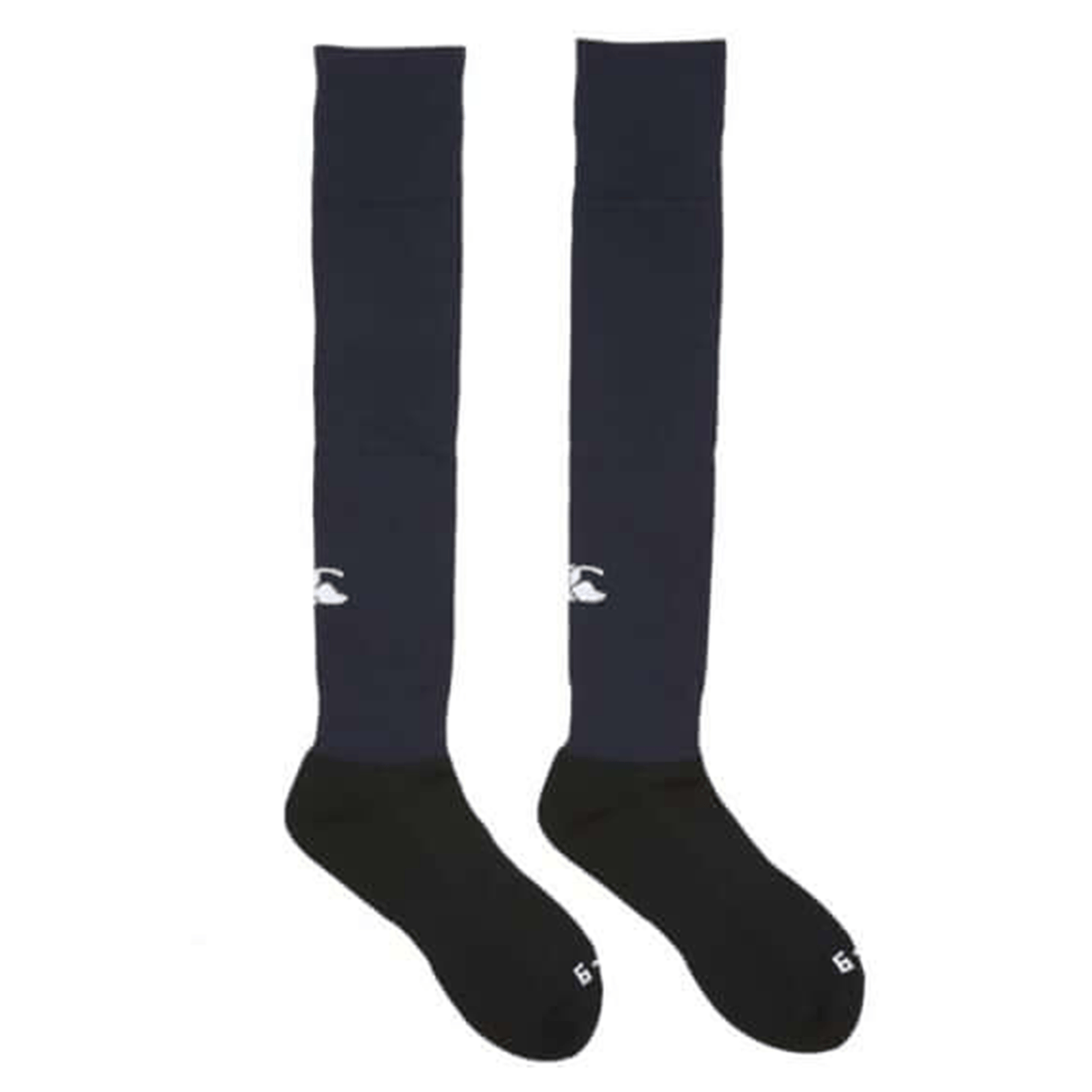 A pair of Canterbury Playing Socks by Canterbury, available in long black and navy blue colors, each featuring a small white logo on the side and a cushioned foot bed for added comfort.