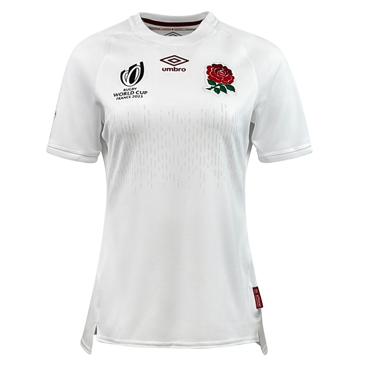The Women's England RFU RWC 23 Home Jersey by Umbro showcases a classic white design with the Umbro logo, England Rugby World Cup logo, and a red rose emblem on the chest.