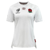 The Women's England RFU RWC 23 Home Jersey by Umbro showcases a classic white design with the Umbro logo, England Rugby World Cup logo, and a red rose emblem on the chest.