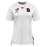 The Women's England RFU RWC 23 Home Jersey by Umbro showcases a classic white design with the Umbro logo, England Rugby World Cup logo, and a red rose emblem on the chest.