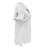 Side view of a white Women's England RFU RWC 23 Home Jersey by Umbro, featuring a gold "2003" Rugby World Cup trophy graphic on the sleeve and a black Umbro logo on the chest.