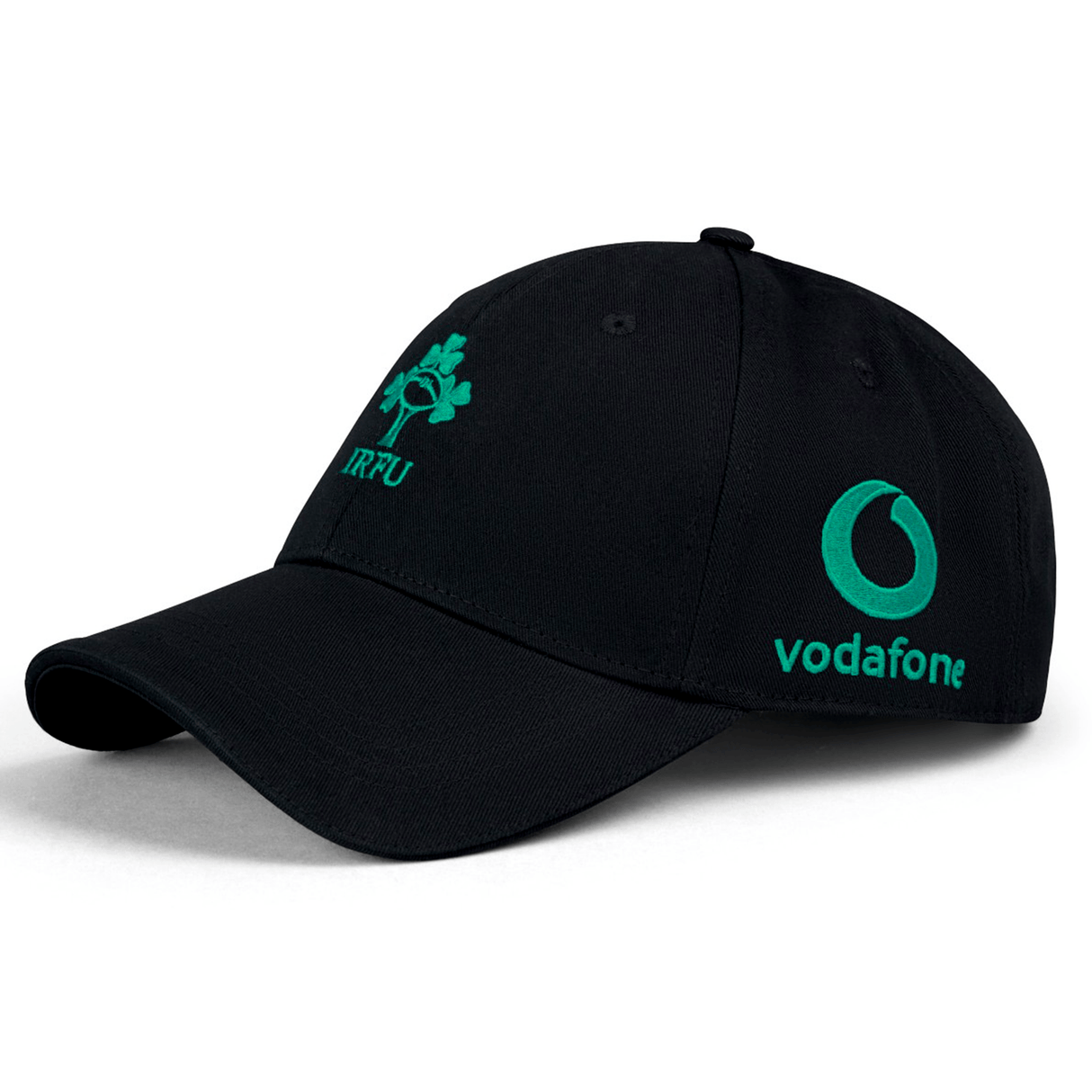 The Ireland 24 Drill Cap by Canterbury is a black adjustable cotton cap that features the green IRFU logo embroidered on the front and the Vodafone logo on the side.