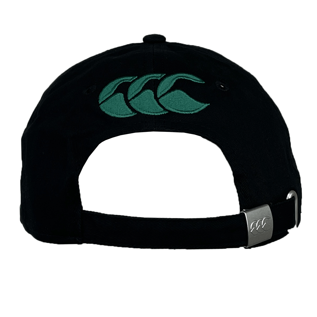 The Ireland 24 Drill Cap by Canterbury is a black adjustable cotton cap featuring a green CCC Ireland logo embroidery on the back and an adjustable strap with a metal buckle.