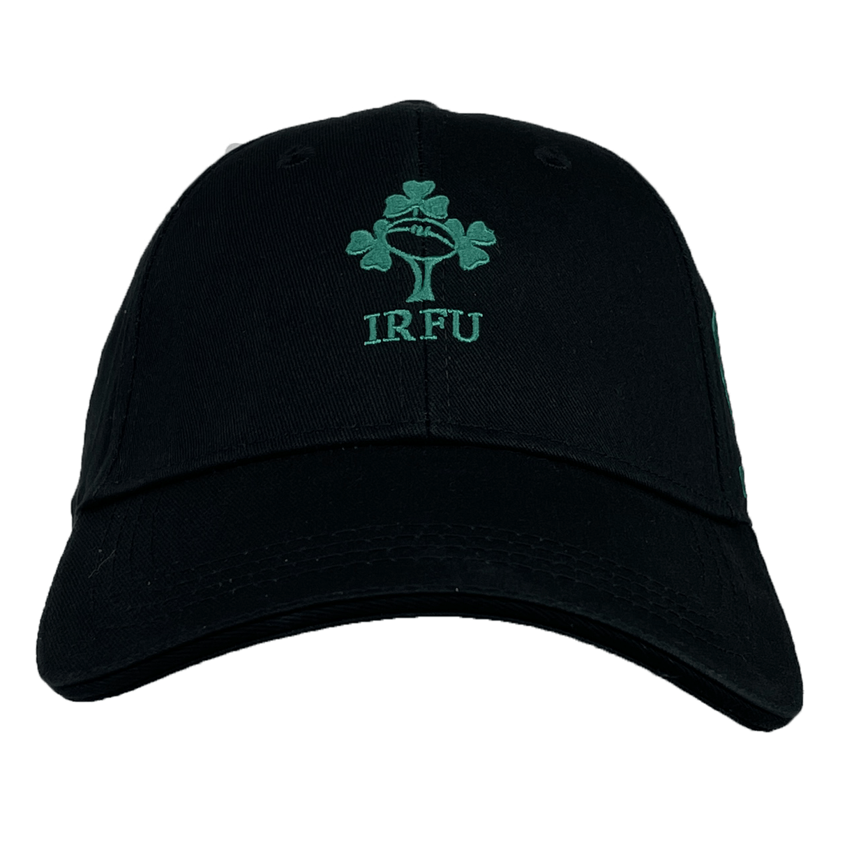 An Ireland 24 Drill Cap by Canterbury in black, featuring a green logo with shamrocks and the letters "IRFU" embroidered on the front.