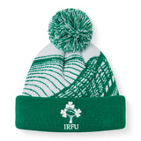 Show your support in style with the Ireland 26 Bobble Hat by Canterbury. This classic green and white knit beanie features a pom-pom on top and proudly displays the IRFU logo—three iconic shamrocks—on the front cuff. Perfect for any Ireland rugby fan!.