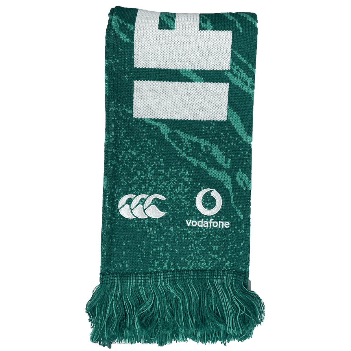 Just in: The Ireland 24 Scarf by Canterbury, featuring a striking green color adorned with white Canterbury and Vodafone logos. This stylish scarf is complete with a fringe at the bottom.
