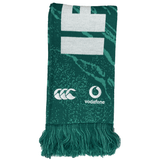 Just in: The Ireland 24 Scarf by Canterbury, featuring a striking green color adorned with white Canterbury and Vodafone logos. This stylish scarf is complete with a fringe at the bottom.