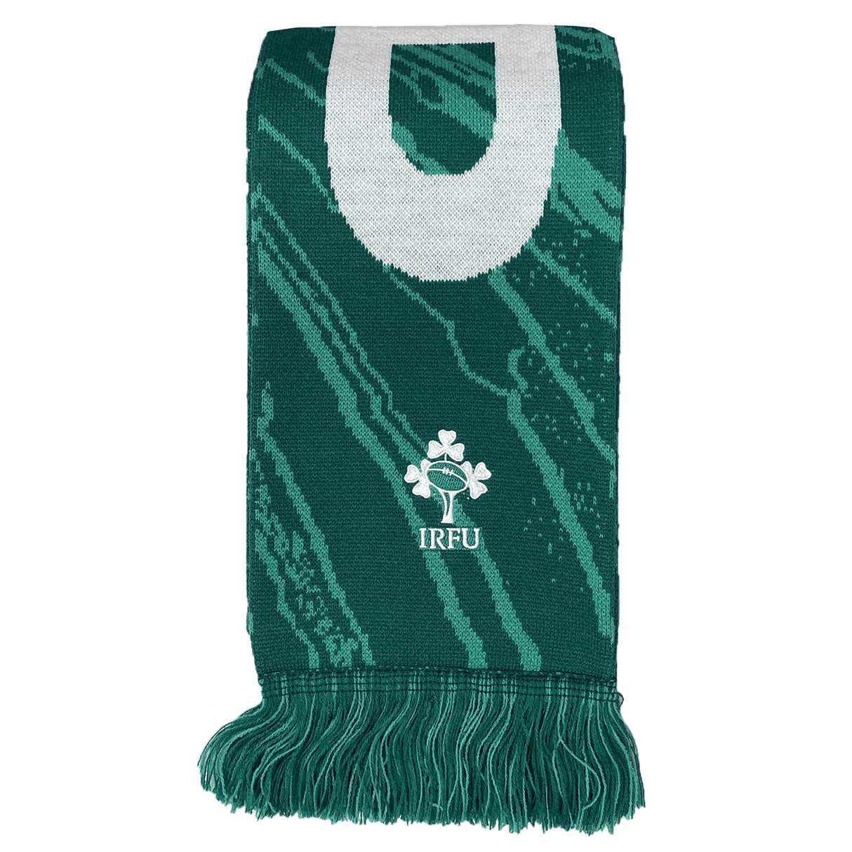 Just In: The Ireland 24 Scarf by Canterbury in green, featuring white text and design that displays the IRFU logo with a shamrock and rugby ball, complete with fringe at the bottom.