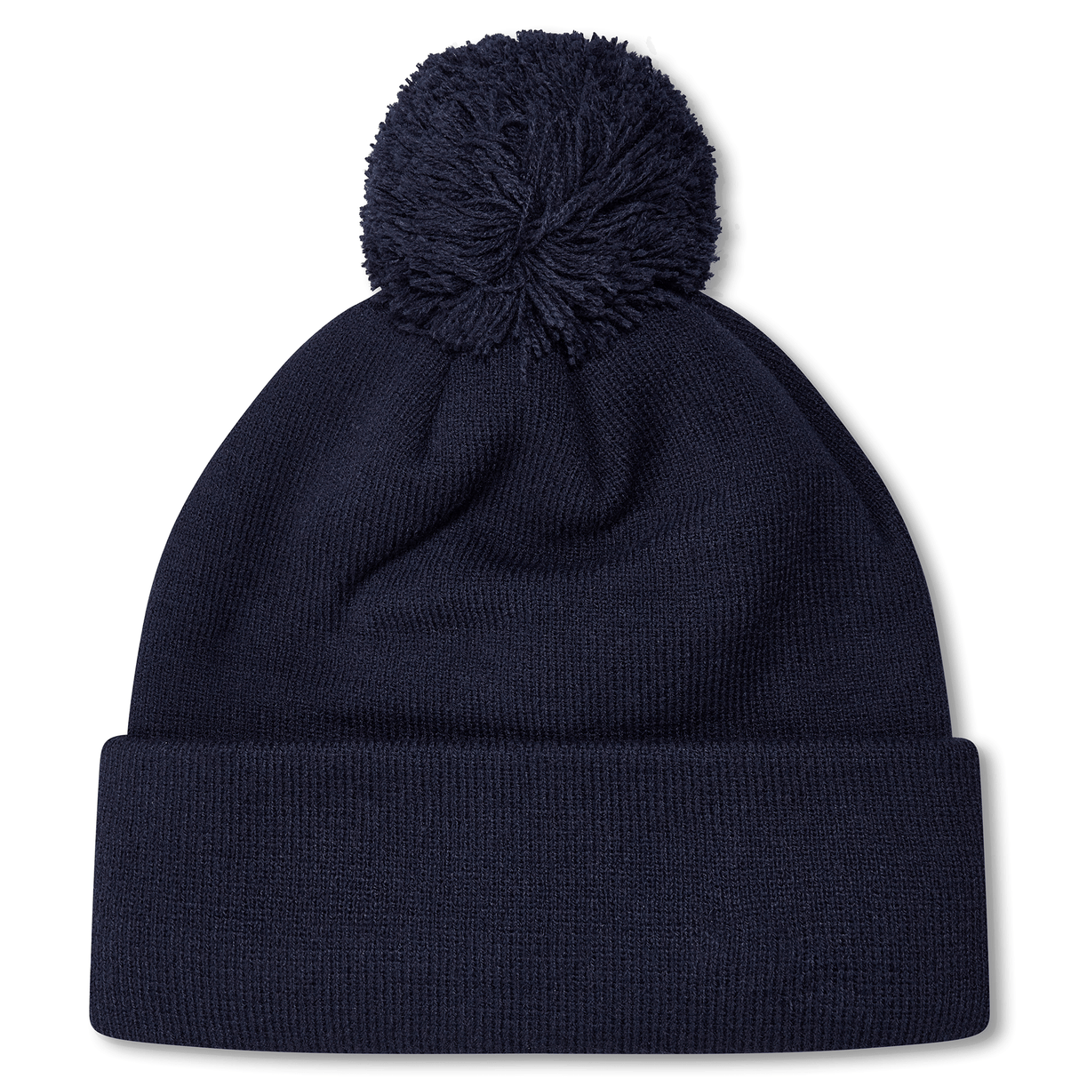 Navy knit beanie with navy pompom and cuff.