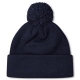 Navy knit beanie with navy pompom and cuff.