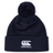 Navy knit beanie with navy pompom on top and white CCC logo on cuff.