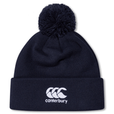 Navy knit beanie with navy pompom on top and white CCC logo on cuff.