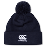 Navy knit beanie with navy pompom on top and white CCC logo on cuff.