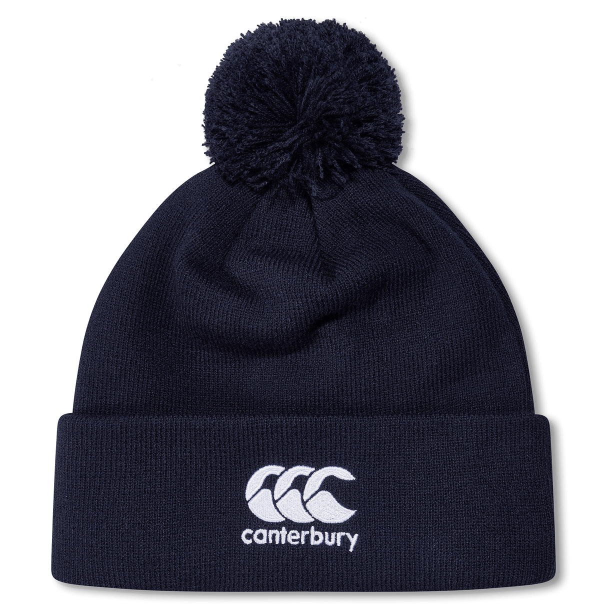 The South Africa Shield Pom Pom Beanie from EMB Canterbury is navy blue, featuring a white Canterbury logo on the front cuff and the iconic South Africa Shield.