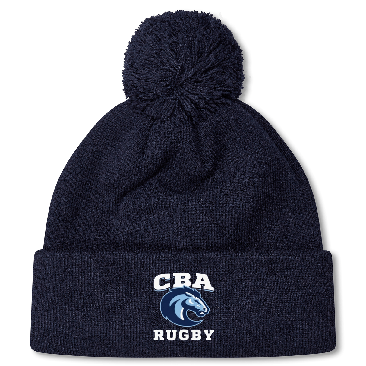 The Christian Brothers Academy Rugby Pom Pom Beanie by Canterbury, in navy with a fun pom-pom, displays the "CBA Rugby" logo. This EMB Canterbury product blends style and warmth for rugby fans.