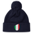 The newly released navy blue Italy Shield Pom Pom Beanie from EMB Canterbury features a striking shield emblem on the front.