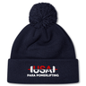 The USA Para Powerlifting Pom Pom Beanie by EMB Canterbury is a navy blue knit beanie with a pom-pom, featuring "USA PARA POWERLIFTING" and a barbell on the front cuff, inspired by classic Rugby style.