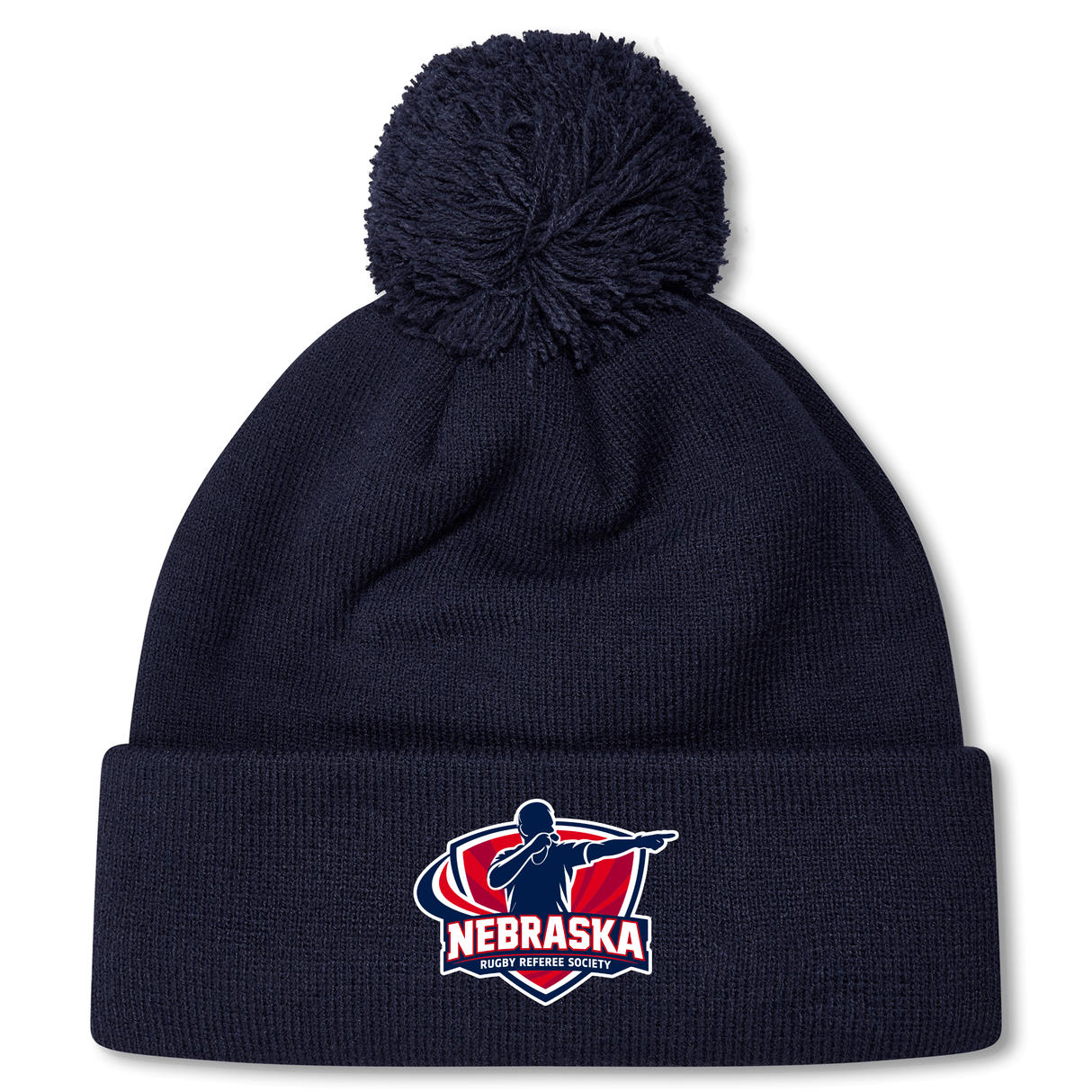 Stay warm at the match with the Nebraska Rugby Referee Society Pom Pom Beanie by EMB Canterbury, featuring a navy design, pom-pom top, and front logo patch.