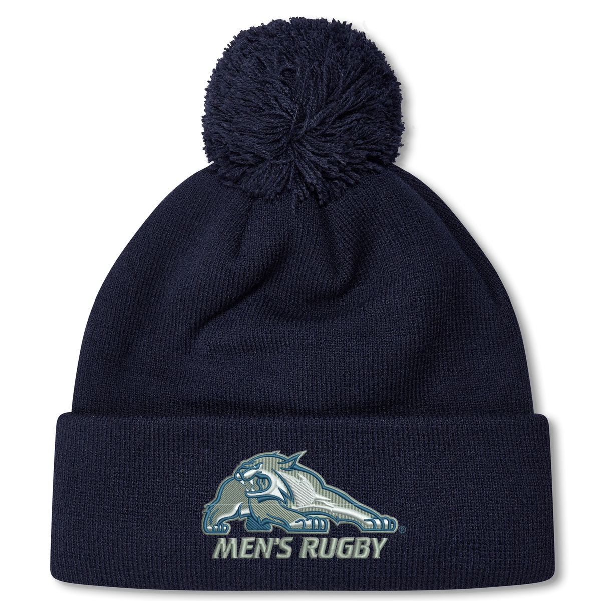 Navy blue University of New Hampshire Pom Pom Beanie by Canterbury, featuring a wildcat mascot logo and “MEN’S RUGBY” text on the cuff.