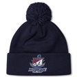 Navy blue SUNY Maritime Men’s Rugby Pom Pom Beanie by Canterbury with a matching pom-pom and an embroidered “Maritime Rugby” logo on the front.