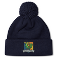 Navy blue fleece-lined Takoma Touch Rugby Pom Pom Beanie featuring an embroidered emblem of a green rooster in armor above a banner that reads “Takoma TRFC.”