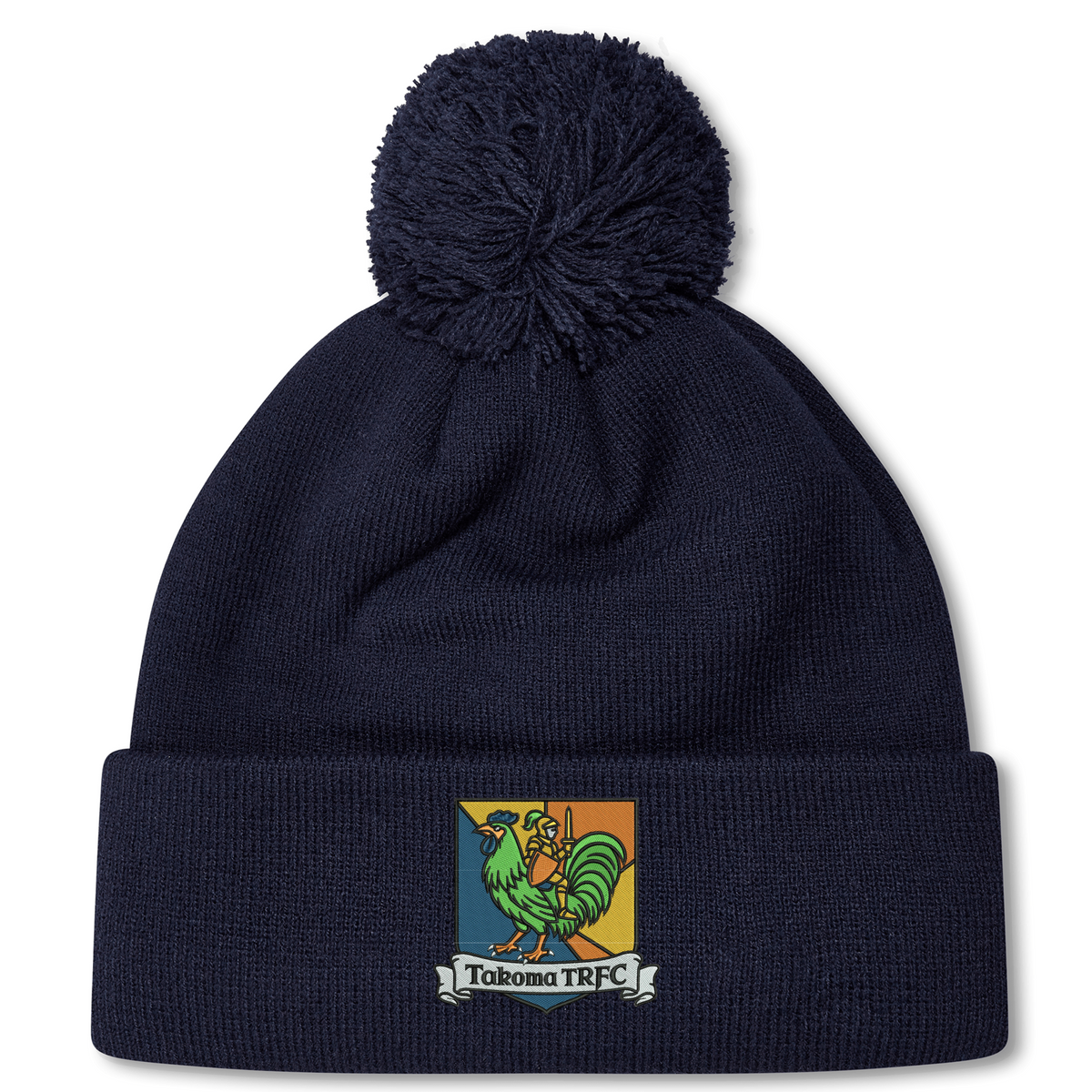 Navy blue fleece-lined Takoma Touch Rugby Pom Pom Beanie featuring an embroidered emblem of a green rooster in armor above a banner that reads “Takoma TRFC.”