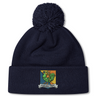 Navy blue fleece-lined Takoma Touch Rugby Pom Pom Beanie featuring an embroidered emblem of a green rooster in armor above a banner that reads “Takoma TRFC.”